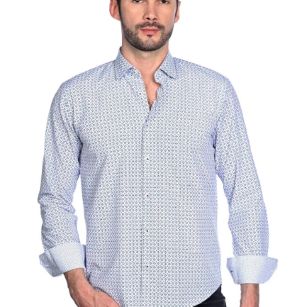 Mizumi White/Navy Geo Print Long Sleeve Button Up Shirt
